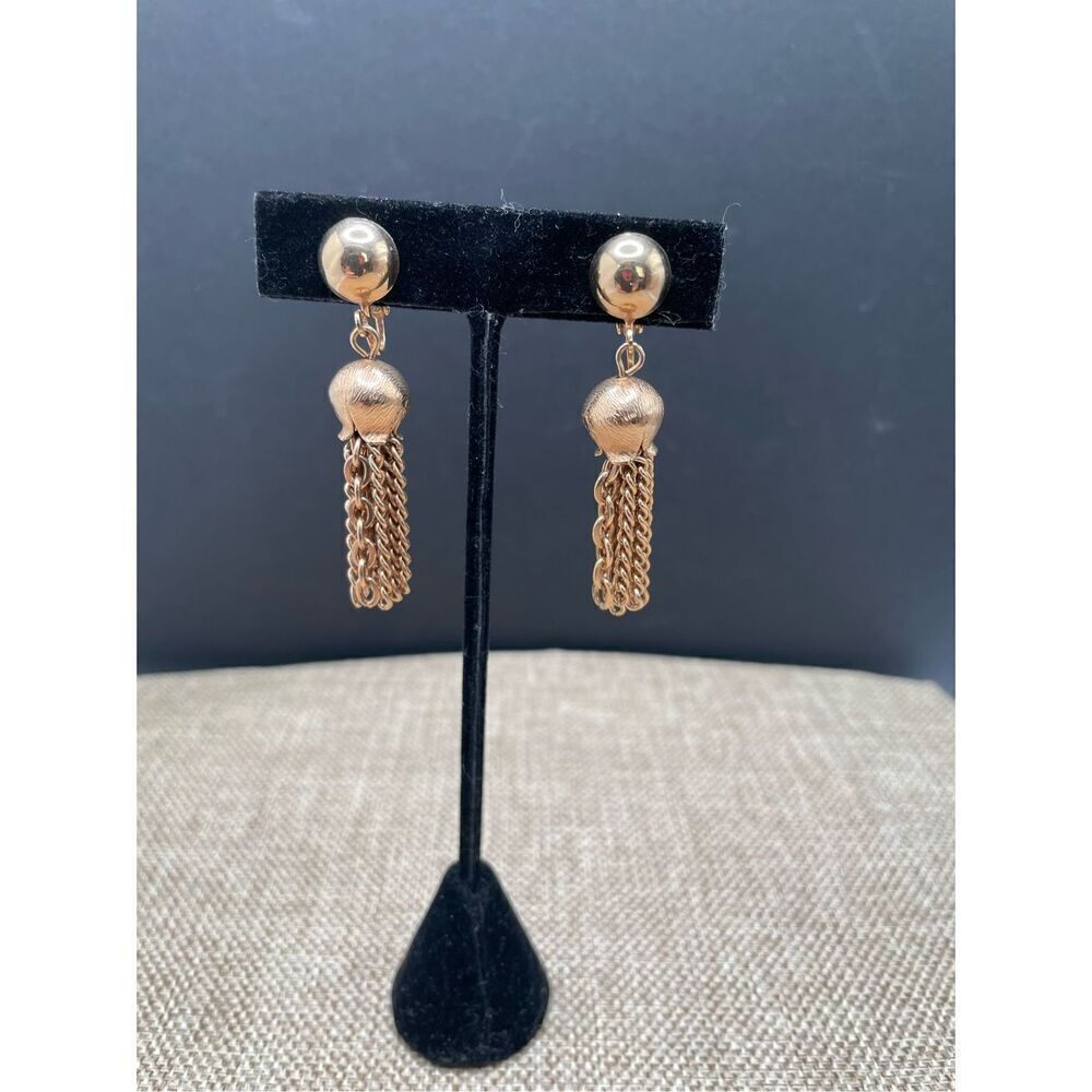 Vintage Gold Tone Tassel Drop Clip On Earrings Retro 80’s